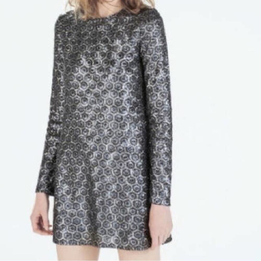 Zara Sequin Silver Blue Gray Long Sleeve Mini Formal Cocktail Party Dress Size M
